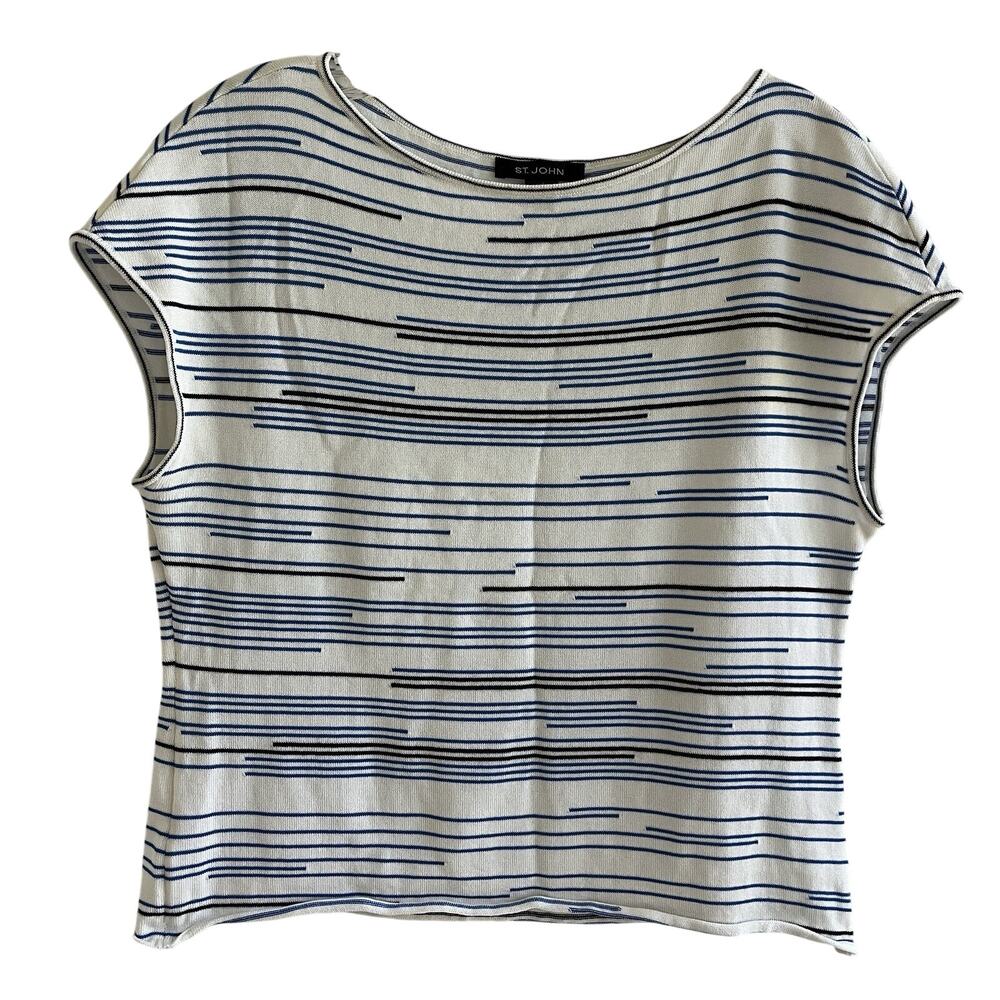 St. John Striped Boat neckline blouse short sleeve size S, Casual, chic, classic